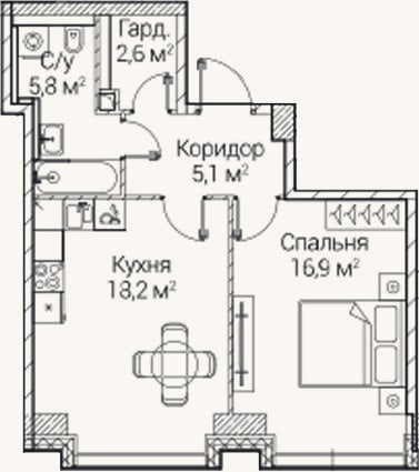 Планировка: 1-к, 48,6 м²