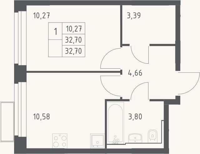 Планировка: 1-к, 32,7 м²