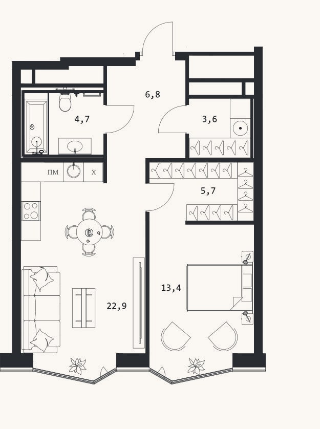Планировка: 2-к, 57,1 м²