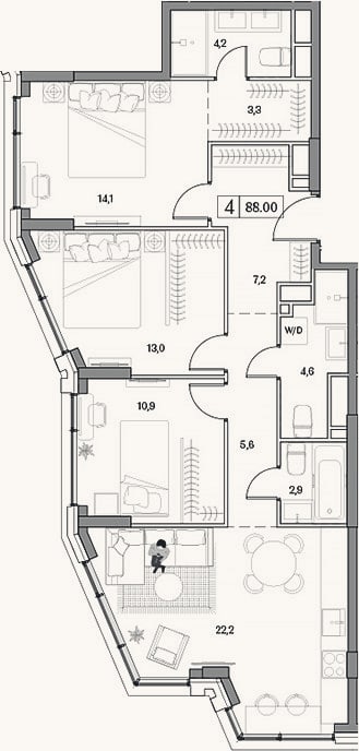 Планировка: 4+ к, 88 м²