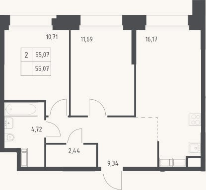 Планировка: 2-к, 55,1 м²