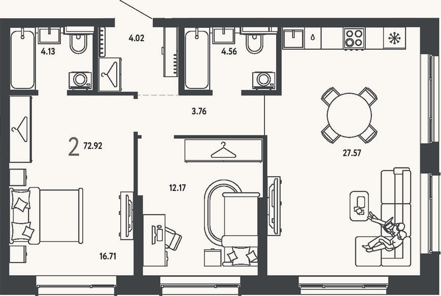 Планировка: 2-к, 72,9 м²