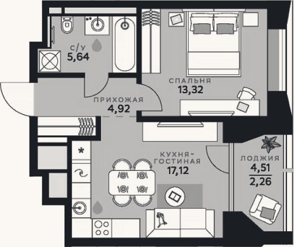 Планировка: 2-к, 41 м²