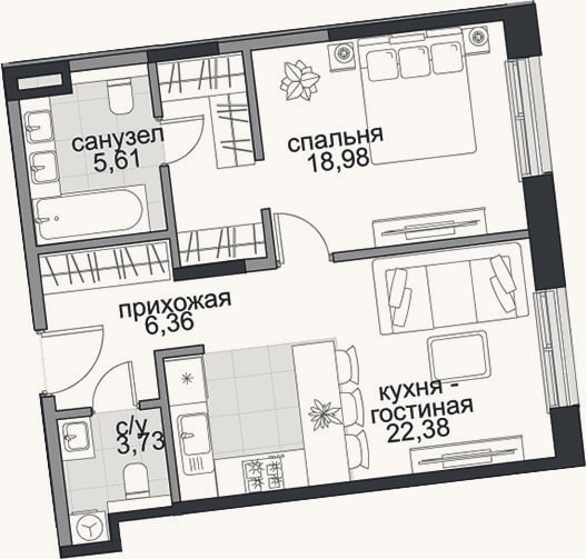 Планировка: 2-к, 57,1 м²