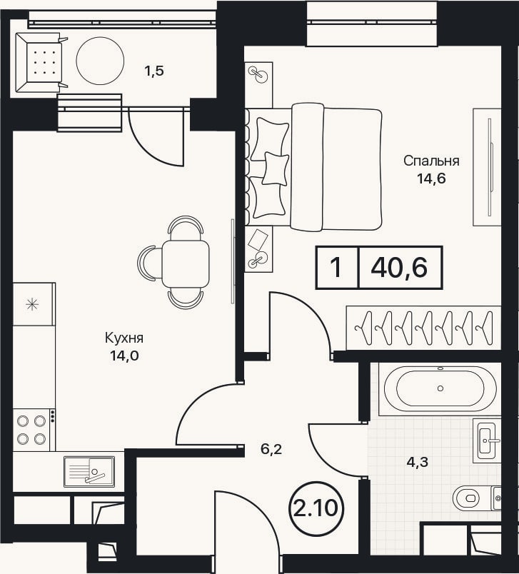 Планировка: 1-к, 39,1 м²