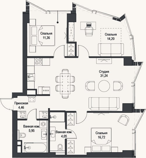 Планировка: 4+ к, 88 м²