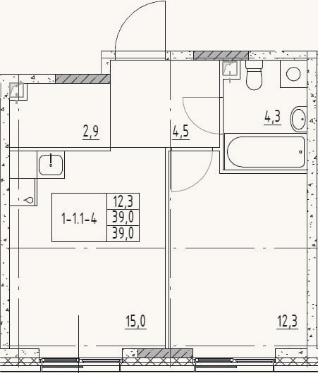 Планировка: 2-к, 39 м²