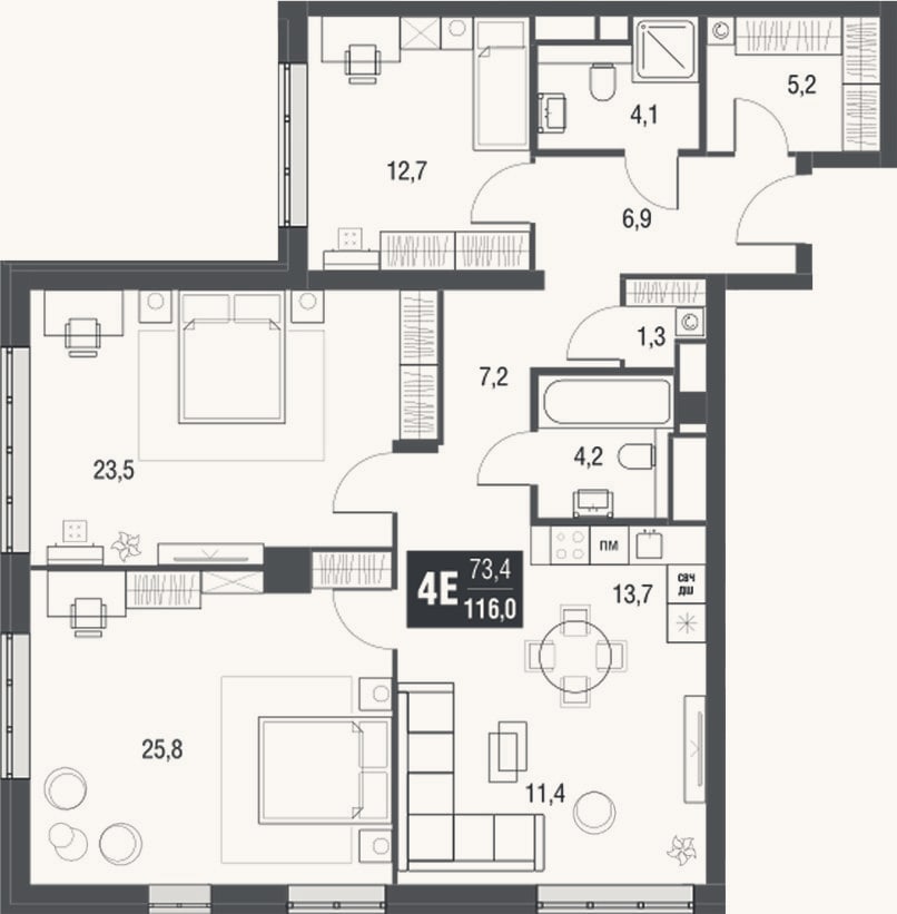Планировка: 4+ к, 116 м²