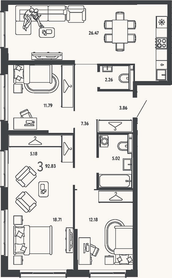 Планировка: 3-к, 92,8 м²