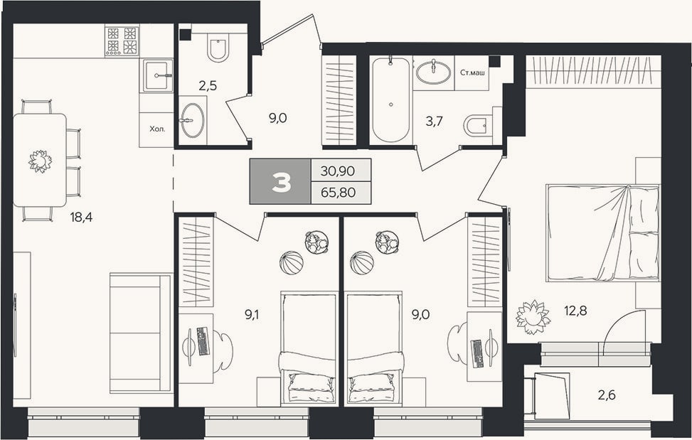 Планировка: 3-к, 64,5 м²