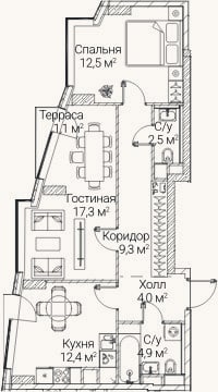 Планировка: 2-к, 61,4 м²