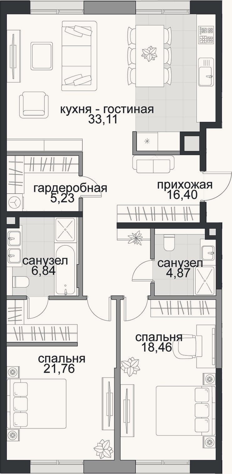 Планировка: 3-к, 106,7 м²