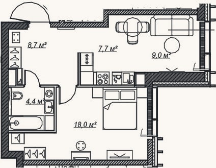 Планировка: 2-к, 47,8 м²
