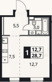 Планировка: Студия, 28,7 м²