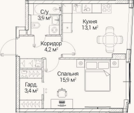 Планировка: 1-к, 40,5 м²