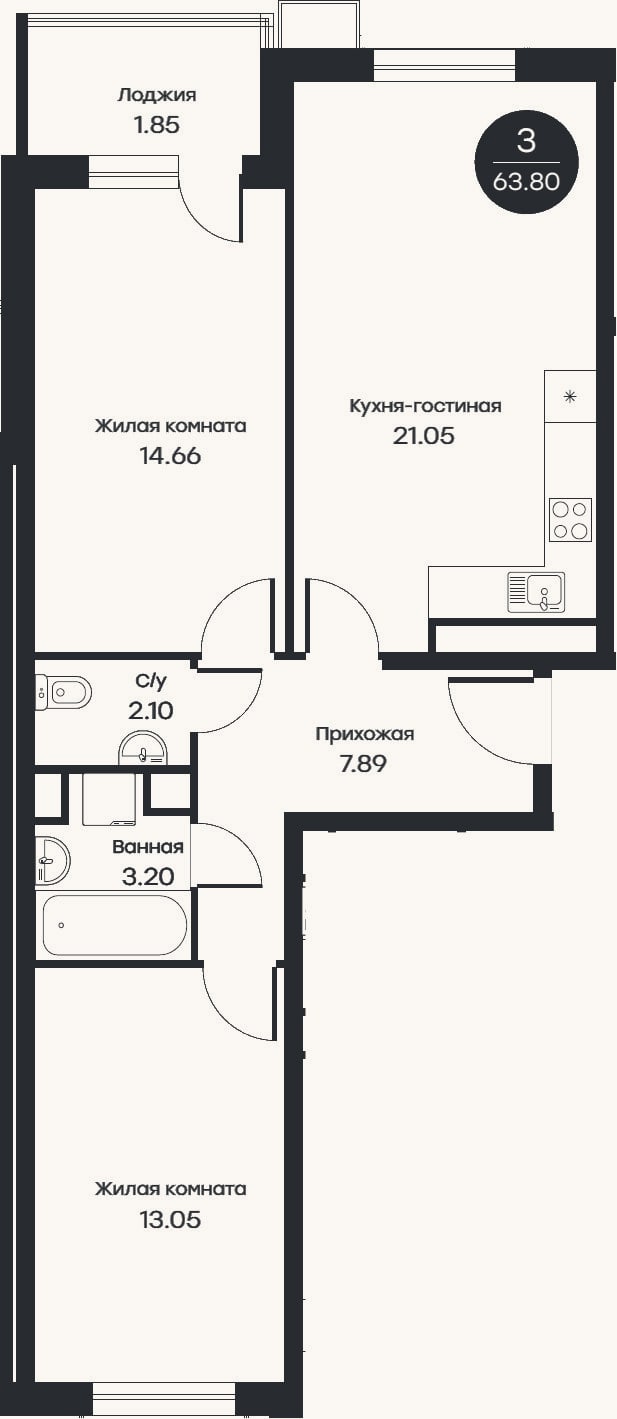 Планировка: 3-к, 61,8 м²