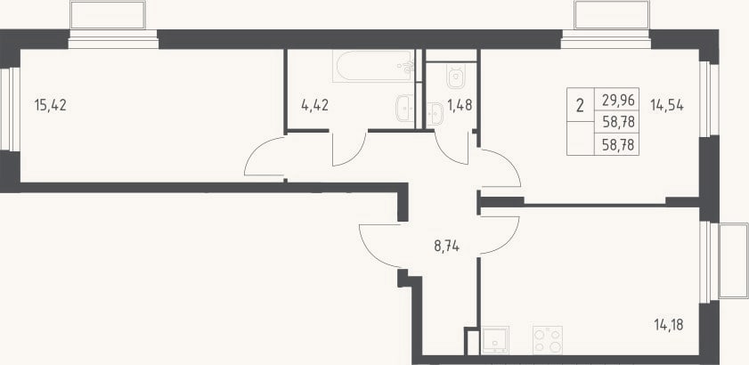 Планировка: 2-к, 58,8 м²