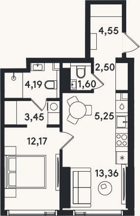Планировка: 2-к, 47,1 м²