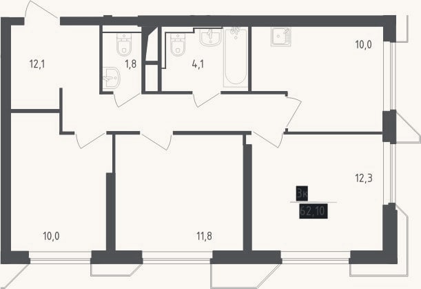Планировка: 3-к, 62,1 м²