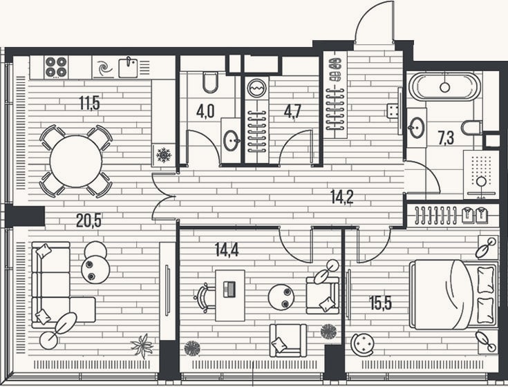 Планировка: 3-к, 92,1 м²