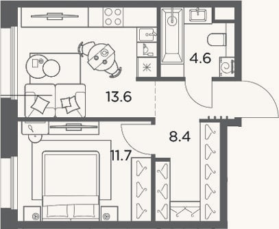 Планировка: 1-к, 38,3 м²