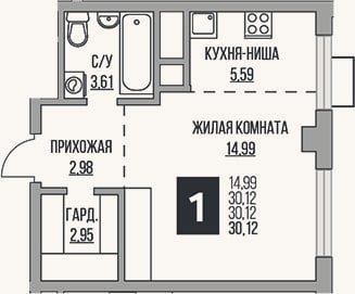 Планировка: Студия, 30,1 м²