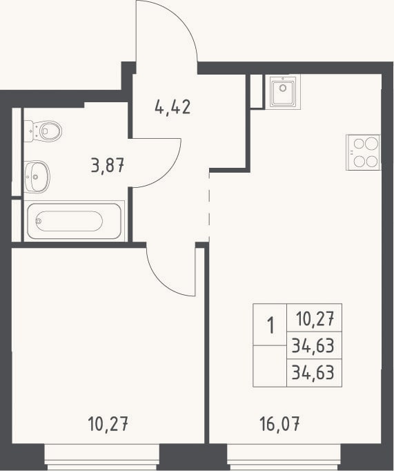 Планировка: 2-к, 34,6 м²