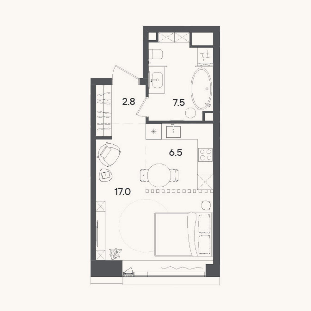 Планировка: Студия, 33,8 м²