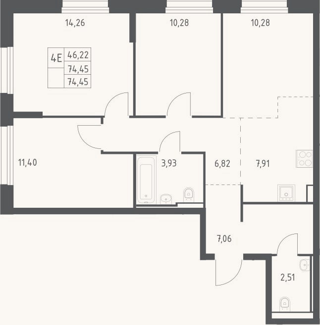 Планировка: 4+ к, 74,5 м²