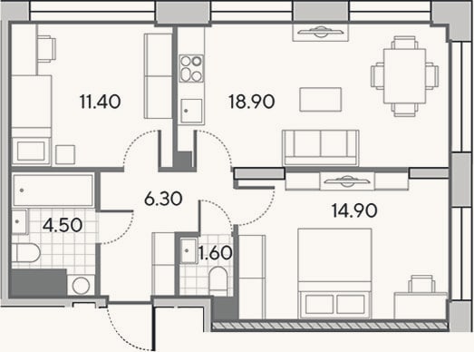 Планировка: 3-к, 57,6 м²