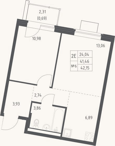 Планировка: 2-к, 41,5 м²