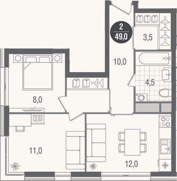 Планировка: 2-к, 49 м²