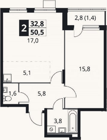 Планировка: 2-к, 49,1 м²