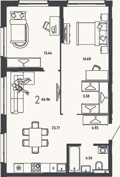 Планировка: 2-к, 67 м²