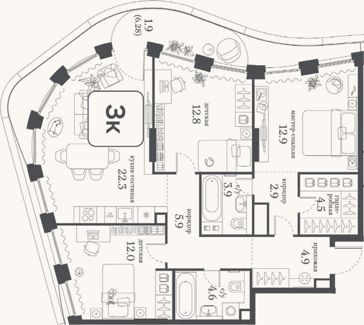 Планировка: 3-к, 86,7 м²