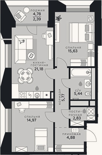 Планировка: 3-к, 70,7 м²