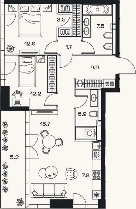 Планировка: 3-к, 79,6 м²