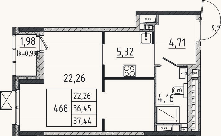 Планировка: Студия, 36,5 м²