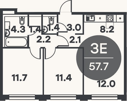 Планировка: 3-к, 57,7 м²