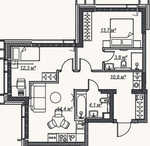 Планировка: 3-к, 58,9 м²