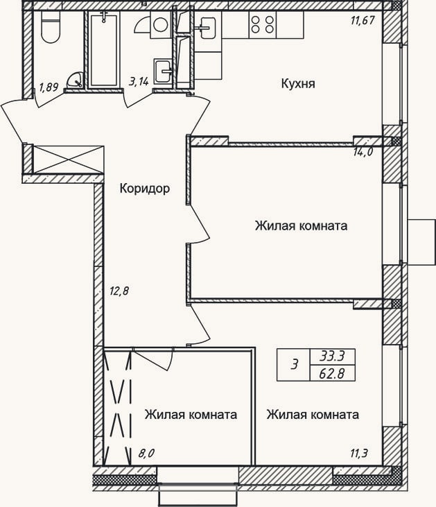Планировка: 3-к, 62,8 м²
