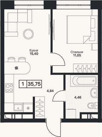 Планировка: 1-к, 35,8 м²