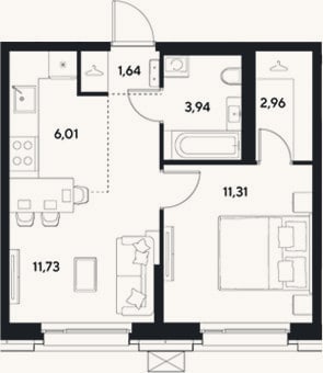 Планировка: 2-к, 37,6 м²