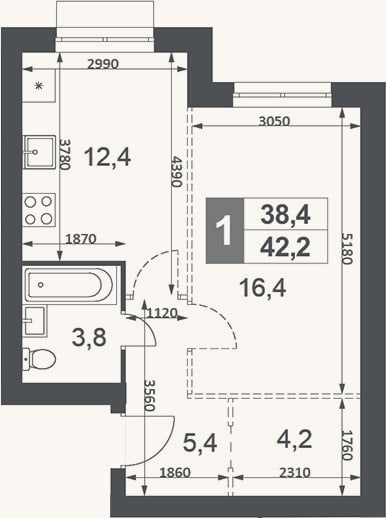 Планировка: 1-к, 42,2 м²