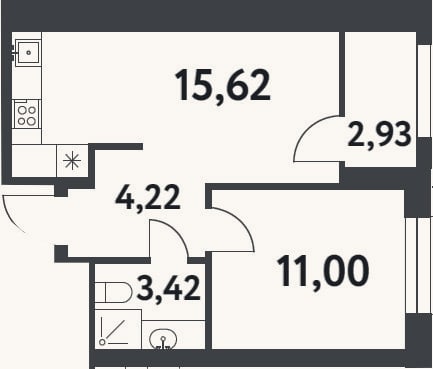 Планировка: 1-к, 34,3 м²