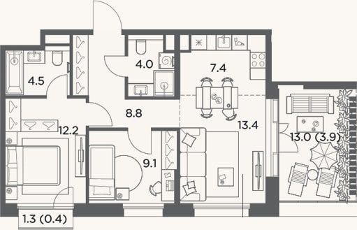 Планировка: 3-к, 59,4 м²