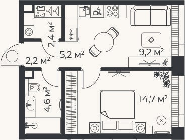 Планировка: 2-к, 38,4 м²