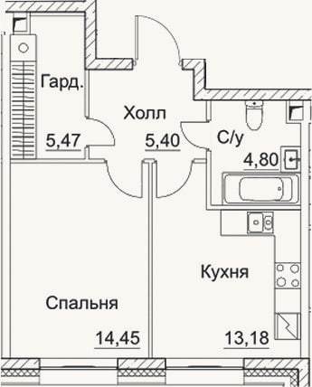 Планировка: 1-к, 43,3 м²