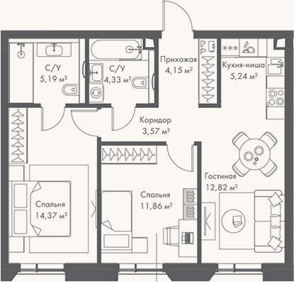 Планировка: 3-к, 61,5 м²