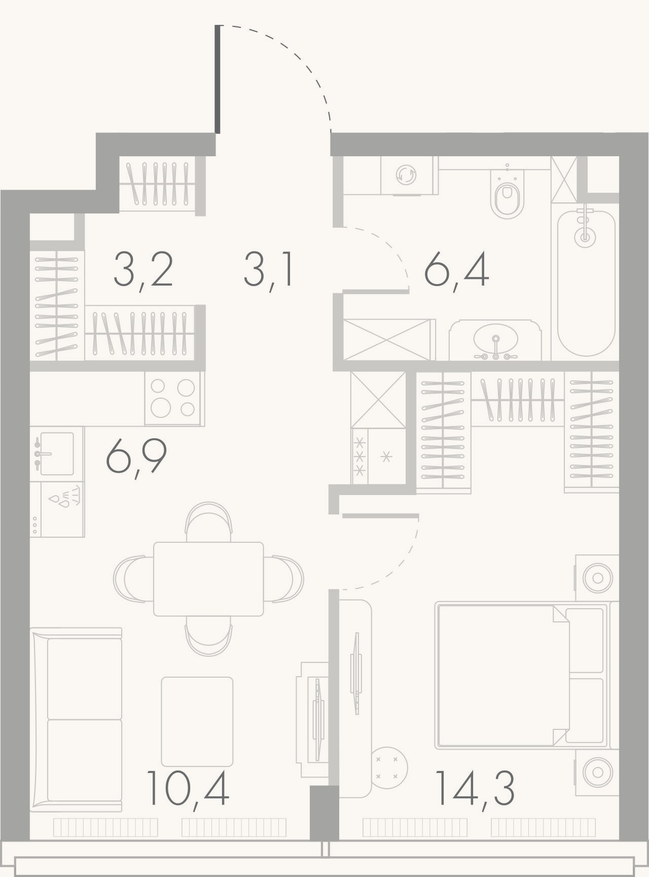 Планировка: 2-к, 44,3 м²